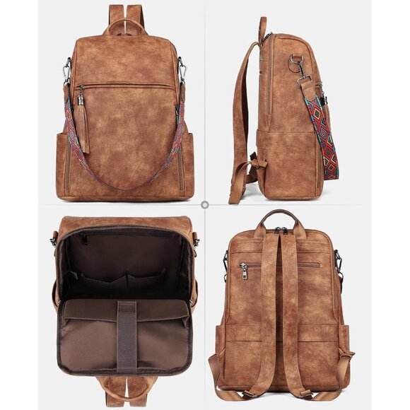 Women's Brown Retro Style Backpack Designer 15.6 inch PU Leather Laptop Bags - Picture 9 of 9